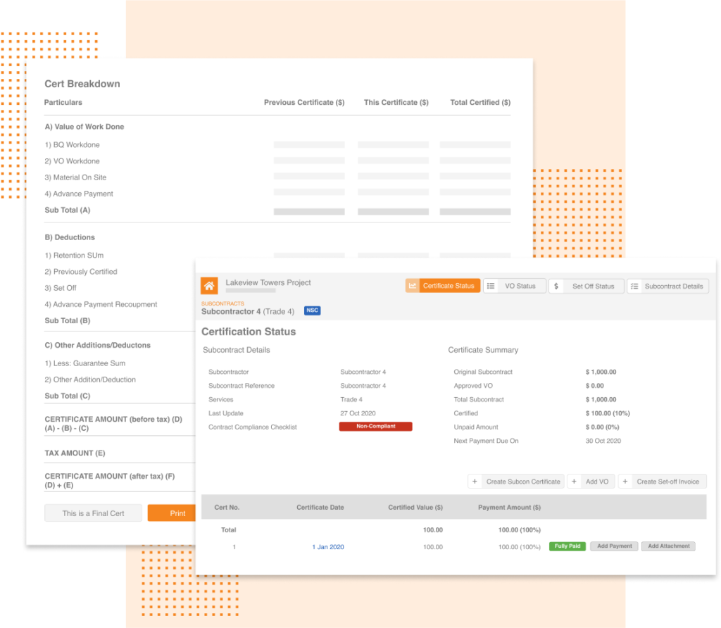 Construction subcontractor certificate and status that are automatically generated from the app