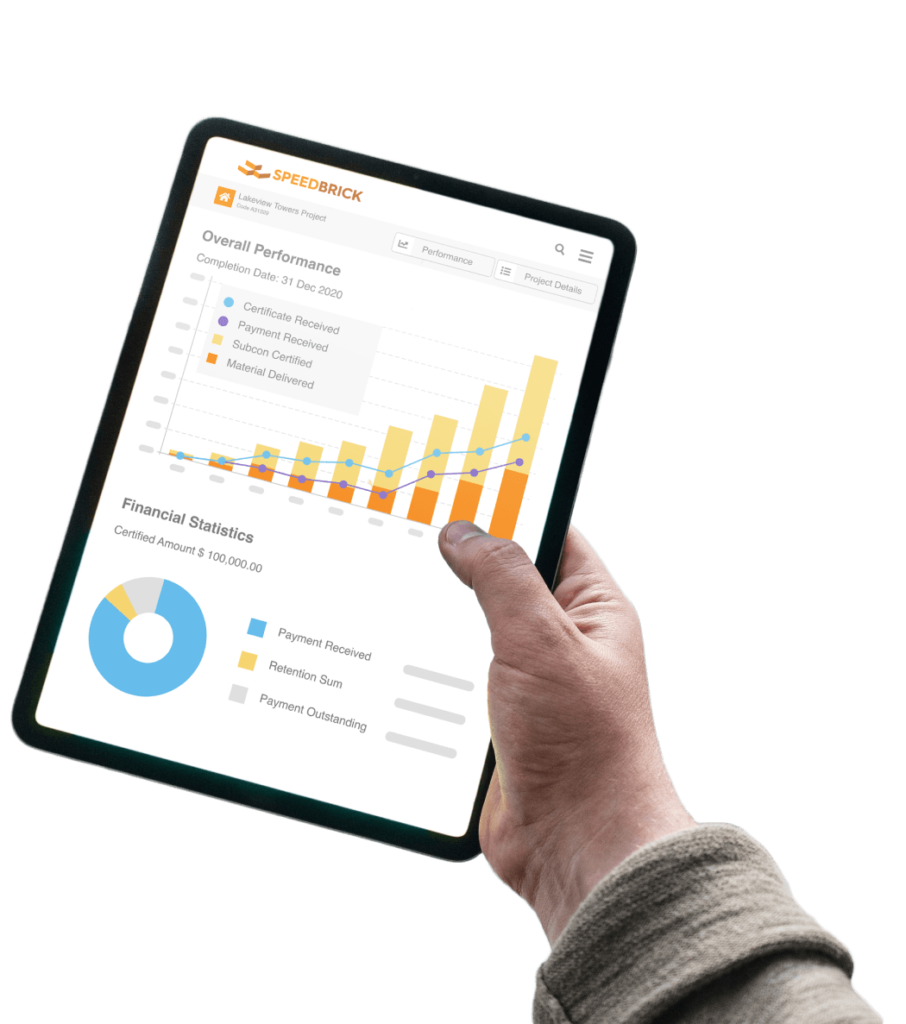 User holding an iPad showing construction project's overall performance and financial statistics charts