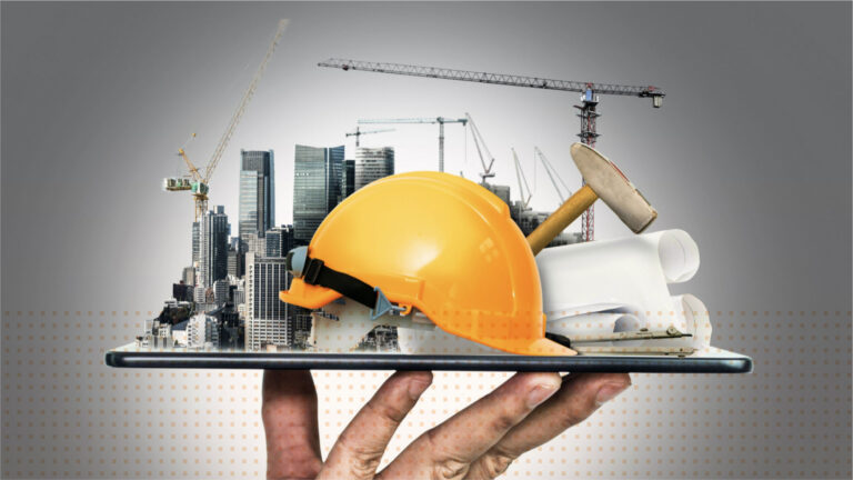 construction site on a tablet representing a digital procurement platform