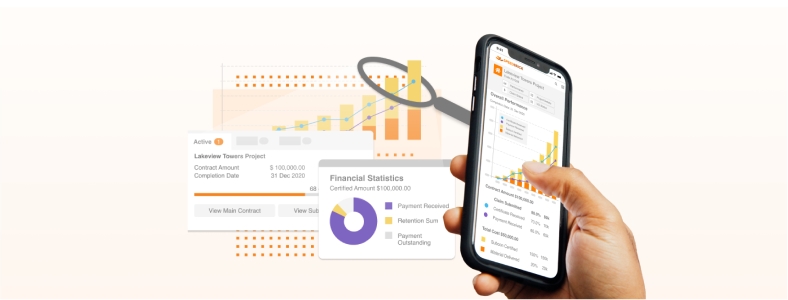 Mobile phone with Speedbrick Construction Management App shwing project report and statistics